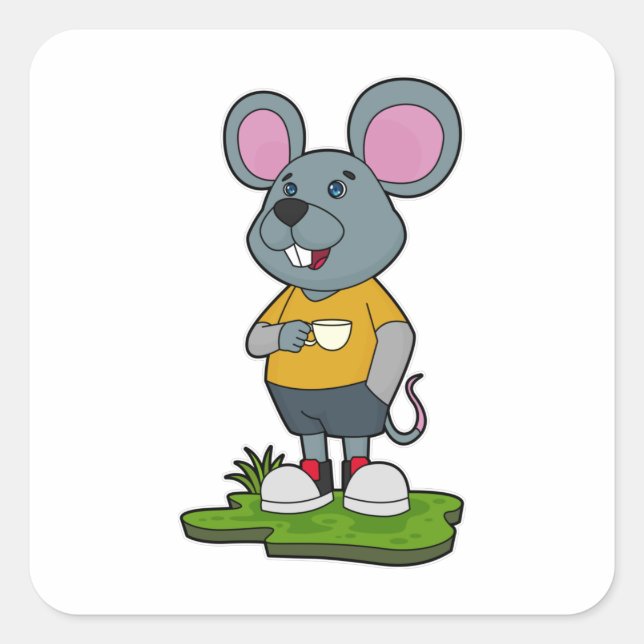 Adesivo Quadrado Rato com copo de café (Frente)