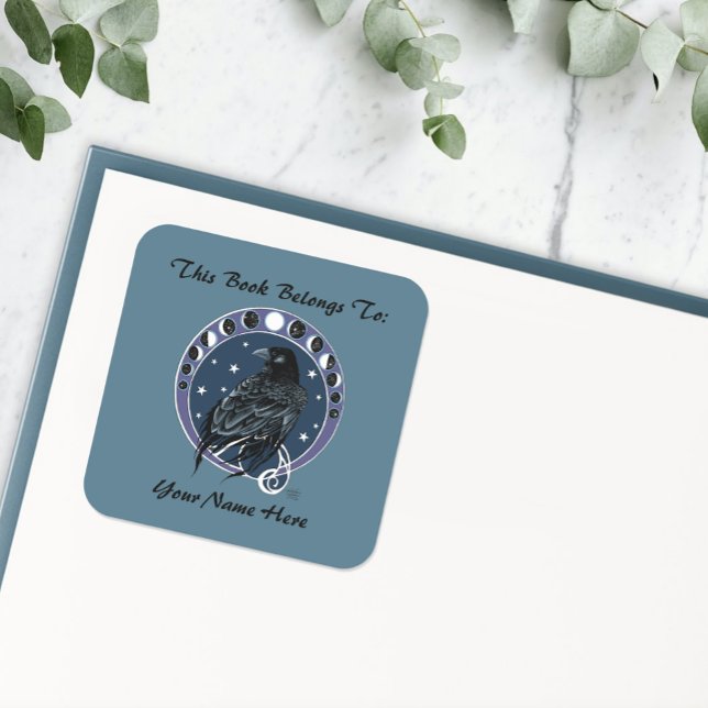 Adesivo Quadrado Raven Moon Phases Stars Blue Bookplate (Criador carregado)