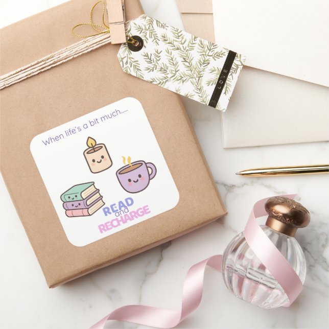 Adesivo Quadrado Read And Recharge Stickers Kawaii Book Lover Gift  (Presentear)