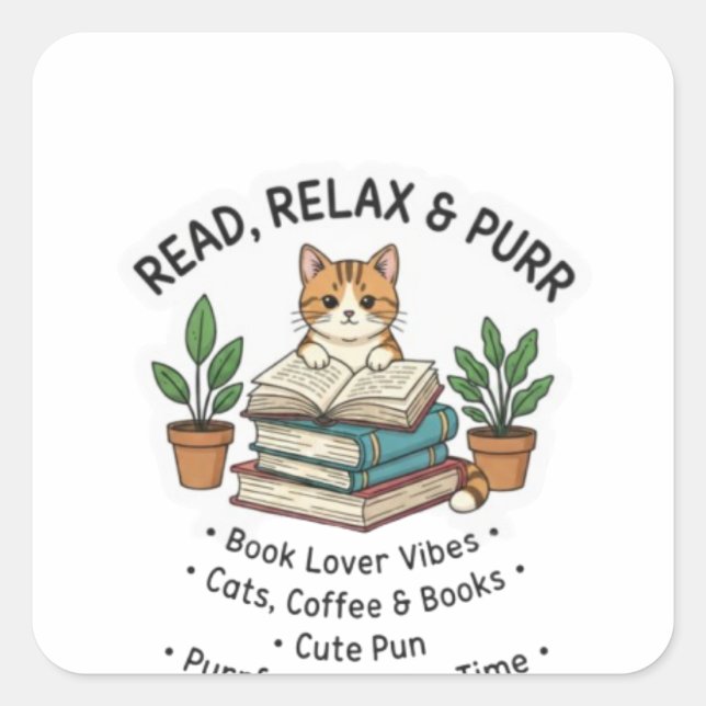 Adesivo Quadrado Read, Relax & Purr – Cute Cat Reading Books Sticke (Frente)