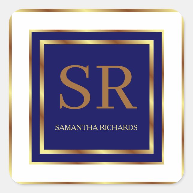 Adesivo Quadrado Real Azul E Monograma Dourado Geométrico (Frente)