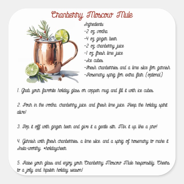 Adesivo Quadrado Receita de Cocktail de Mule Moscou Feriada (Frente)