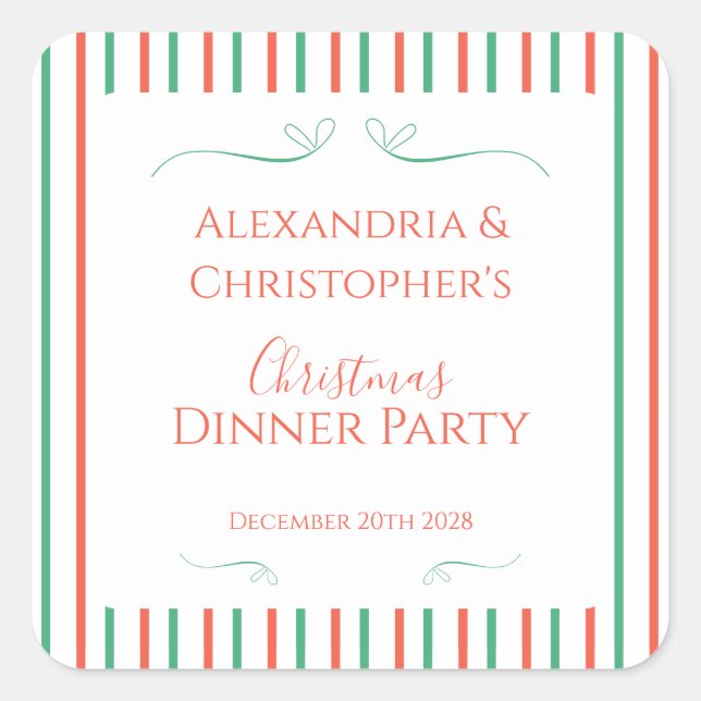 Adesivo Quadrado Red and Green Stripe Christmas Dinner Party (Frente)