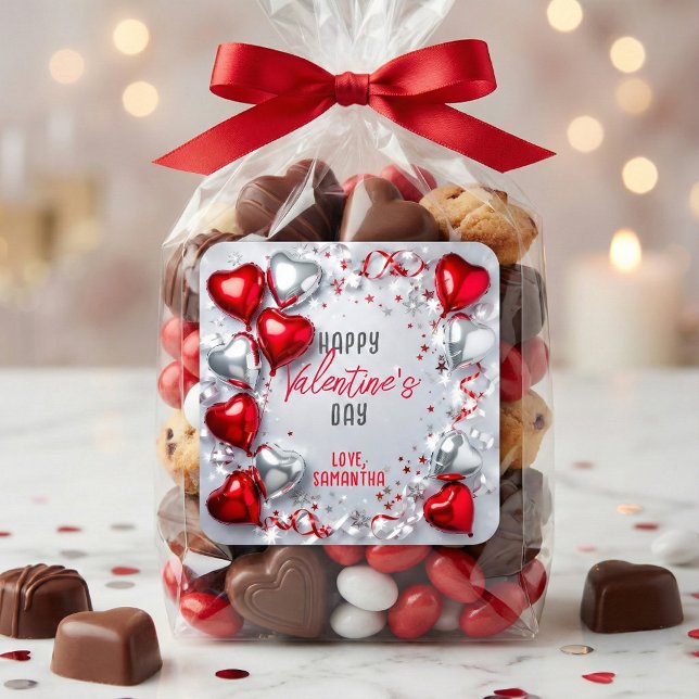 Adesivo Quadrado Red and Silver Heart Balloons Valentine's Day (Criador carregado)
