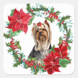 Adesivo Quadrado Red Arco Yorkshire Terrier Poinsettia Holly Wreath