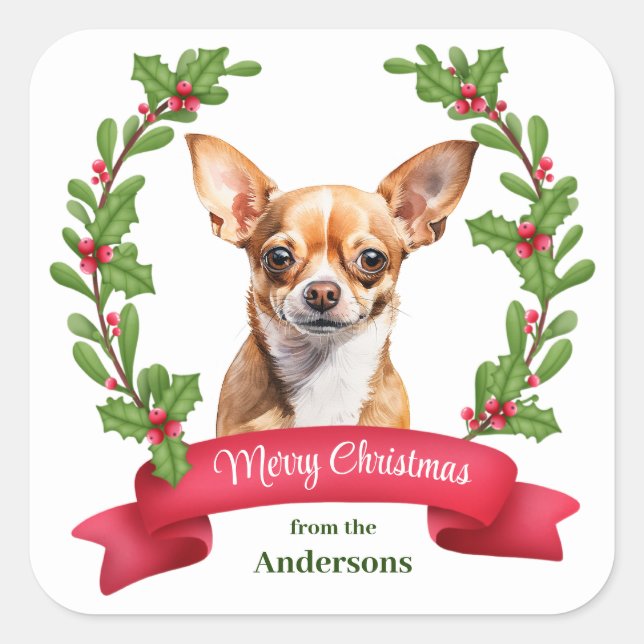 Adesivo Quadrado Red Banner Holly Brown Chihuahua Dog Christmas (Frente)