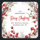 Adesivo Quadrado Red Berry Christmas Wreath Return Endereço<br><div class="desc">Tire a pressão de enviar cartões de natal de Natal este ano com estas etiquetas festivas de morango vermelho de arruela de arruela. Apresentando uma camada aquosa de bagas vermelhas e folhagem botânica. O script de caligrafia e um modelo de etiqueta de endereço de retorno são fáceis de personalizar.</div>