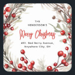 Adesivo Quadrado Red Berry Christmas Wreath Return Endereço<br><div class="desc">Tire a pressão de enviar cartões de natal de Natal este ano com estas etiquetas festivas de morango vermelho de arruela de arruela. Apresentando uma camada aquosa de bagas vermelhas e folhagem botânica. O script de caligrafia e um modelo de etiqueta de endereço de retorno são fáceis de personalizar.</div>