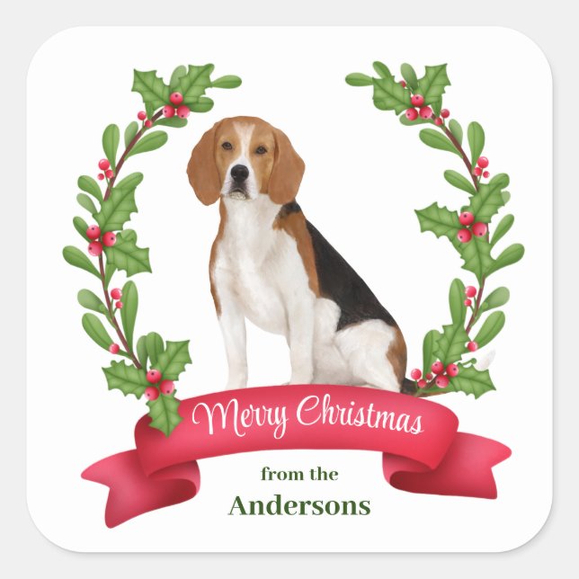 Adesivo Quadrado Red Berry Holly Banner Beagle Natal (Frente)