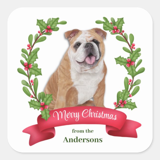 Adesivo Quadrado Red Berry Holly Banner Bulldog Natal (Frente)