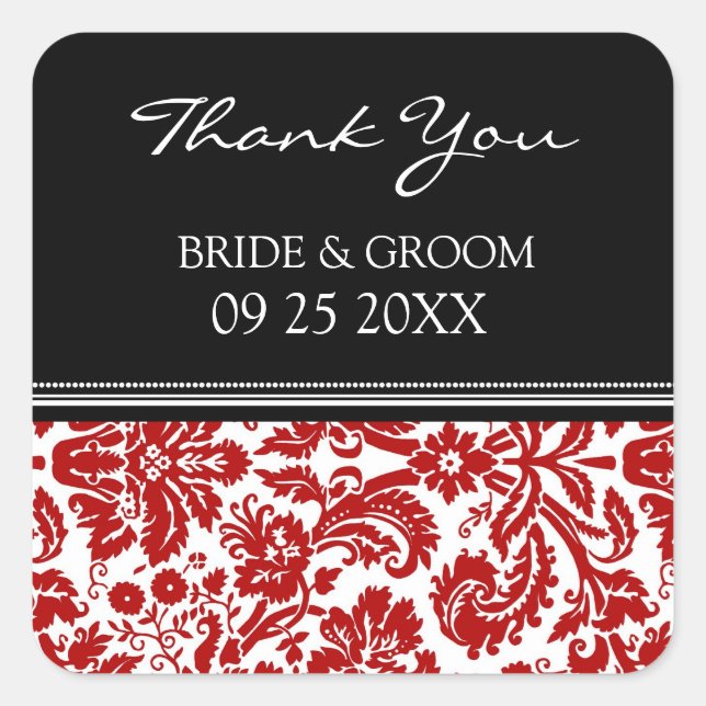 Adesivo Quadrado Red Black Damask Obrigado Sentença De Casamento (Frente)