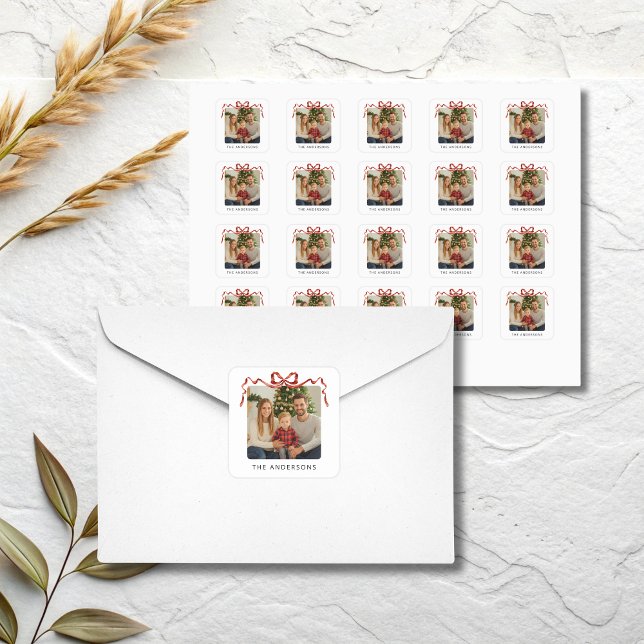 Adesivo Quadrado Red Bow Christmas Photo (Red bow christmas photo square stickers)