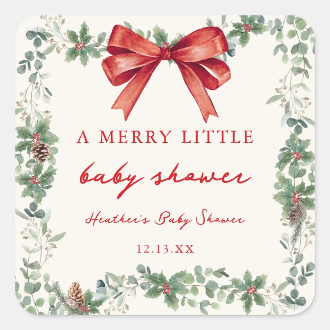 Adesivo Quadrado Red Bow Merry Little Christmas Baby Shower (Frente)