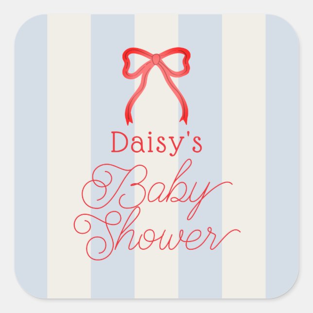 Adesivo Quadrado Red Bow & Pale Blue Stripes Baby Shower (Frente)