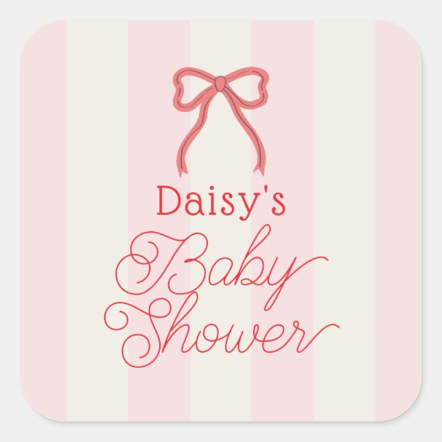 Adesivo Quadrado Red Bow & Pink Stripes Baby Shower (Frente)