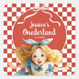 Adesivo Quadrado Red Checkered Alice in ONEDERLAND 1st Birthday 