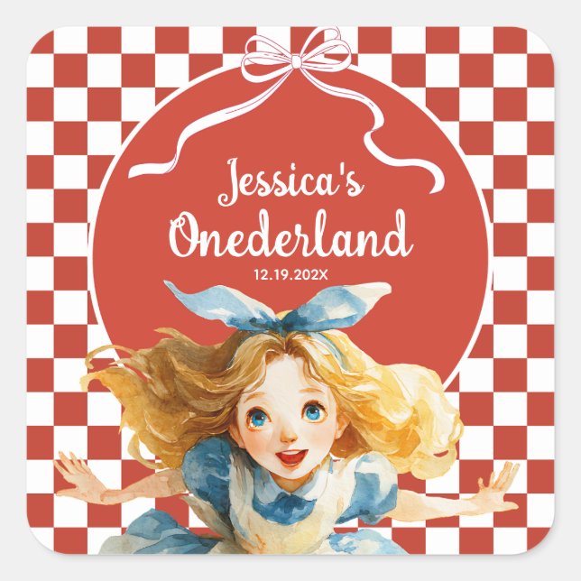 Adesivo Quadrado Red Checkered Alice in ONEDERLAND 1st Birthday  (Frente)