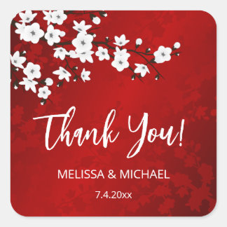 Adesivo Quadrado Red Cherry Blossom Thank You Wedding Favor  