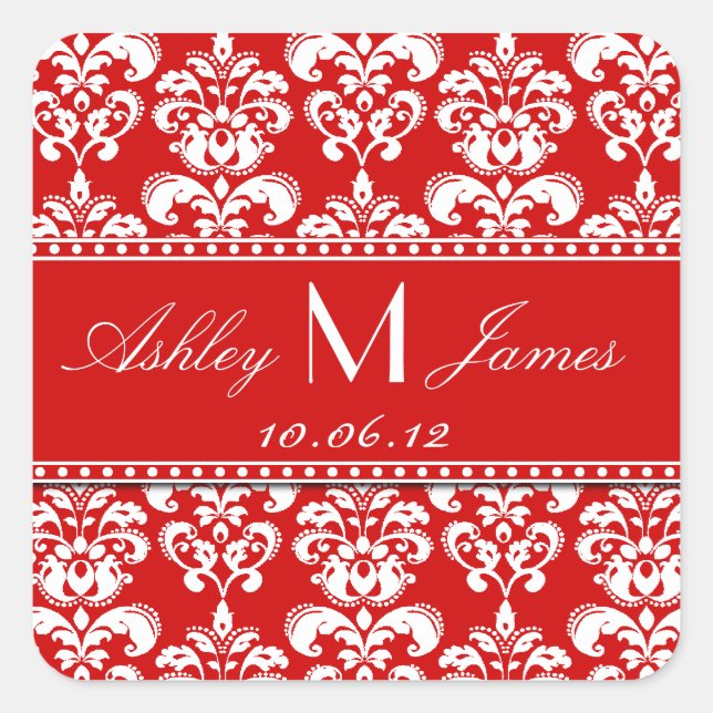 Adesivo Quadrado Red Damask Save the Date Stickers (Frente)