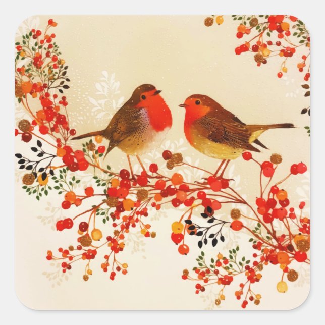 Adesivo Quadrado Red Dourado Winter Birds Holly Berry Branches (Frente)