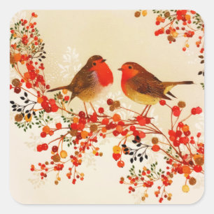 Adesivo Quadrado Red Dourado Winter Birds Holly Berry Branches