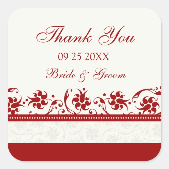 Adesivo Quadrado Red e Cream Floral Obrigado pelo casamento. (Frente)
