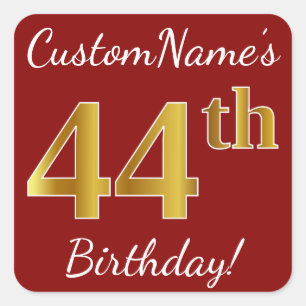 Adesivo Quadrado Red, Faux Dourado 44 Birthday + Autocolante