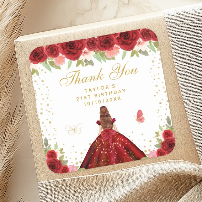 Adesivo Quadrado Red Floral Brown Hair Princess Festa de aniversári (Criador carregado)