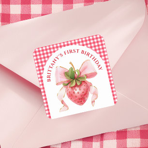Adesivo Quadrado Red Gingham Berry Primeiro Aniversário