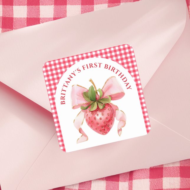 Adesivo Quadrado Red Gingham Berry Primeiro Aniversário (Criador carregado)