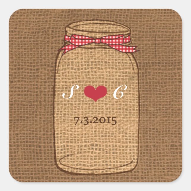 Adesivo Quadrado Red Gingham & Burlap Mason Jar Wedding (Frente)