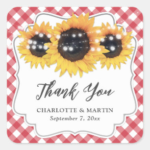 Adesivo Quadrado Red Gingham Sunflower Love and Obrigados Weding