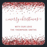Adesivo Quadrado Red Glitter Merry Christmas Script Names White<br><div class="desc">Red Glitter Feliz Nomes De Roteiros De Natal Branco. Personalize facilmente o texto.</div>