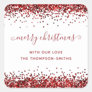 Adesivo Quadrado Red Glitter Merry Christmas Script Names White