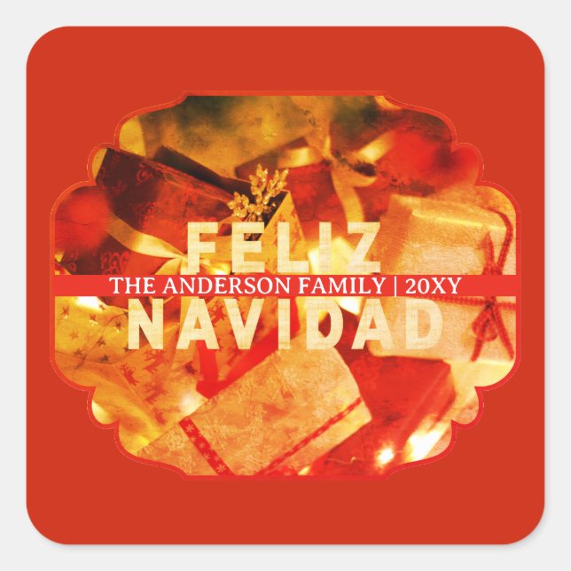 Adesivo Quadrado  Red Gold Feliz Navidad Modern Merry Christmas (Frente)