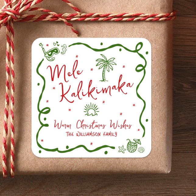 Adesivo Quadrado Red Green Mele Kalikimaka Hand Drawn Fun Christmas (Criador carregado)