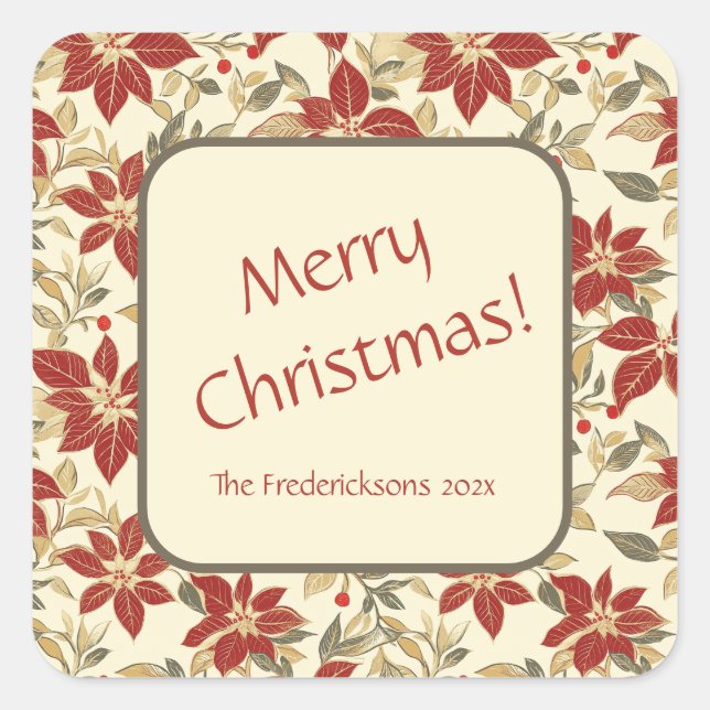 Adesivo Quadrado Red Green Vintage Poinsettias Natal (Frente)