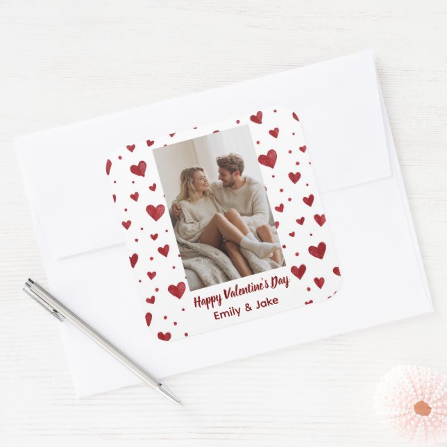 Adesivo Quadrado Red Hearts Pattern Valentine's Day Custom Sticker (Envelope)