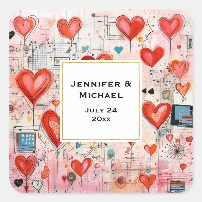Adesivo Quadrado Red Hearts Whimsical Love Pattern Date (Frente)