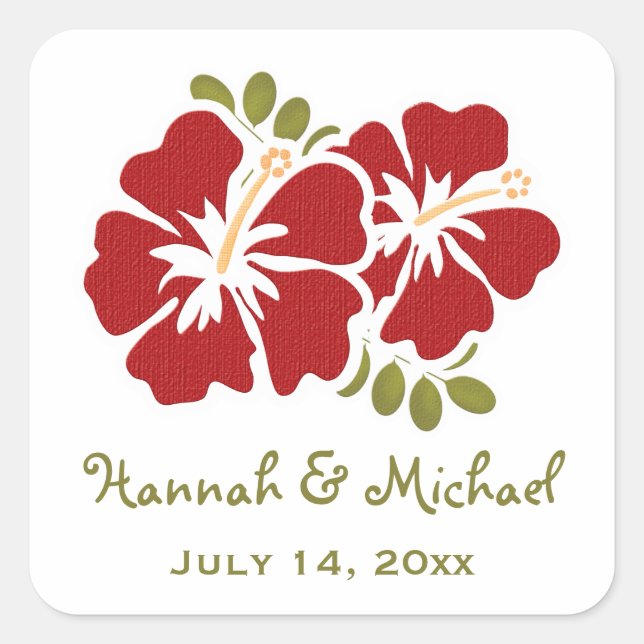 Adesivo Quadrado Red Hibiscus Weding Favor Sticker Seal (Frente)