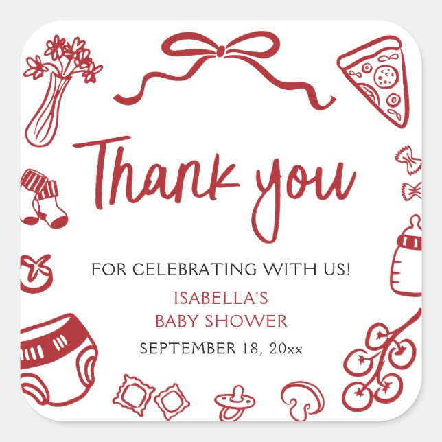 Adesivo Quadrado Red Italian Hand Drawn Pizza Baby Shower Thank you (Frente)