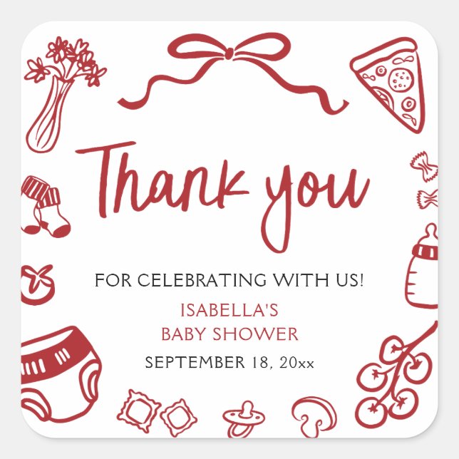 Adesivo Quadrado Red Italian Hand Drawn Pizza Baby Shower Thank you (Frente)
