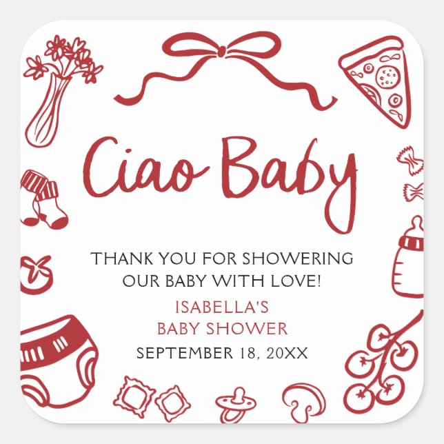 Adesivo Quadrado Red Italian Hand Drawn Pizza Ciao Baby Baby Shower (Frente)