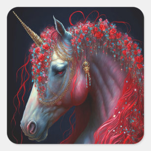 Adesivo Quadrado Red Jeweled Unicorn Fantasy Art
