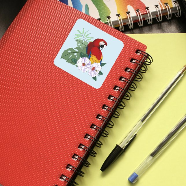 Adesivo Quadrado Red Macaw Tropical Bird Floral Parrot (Criador carregado)