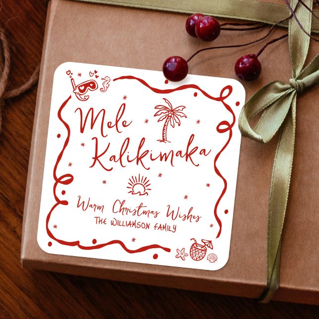 Adesivo Quadrado Red Mele Kalikimaka Hand Drawn Doodles Christmas (Criador carregado)