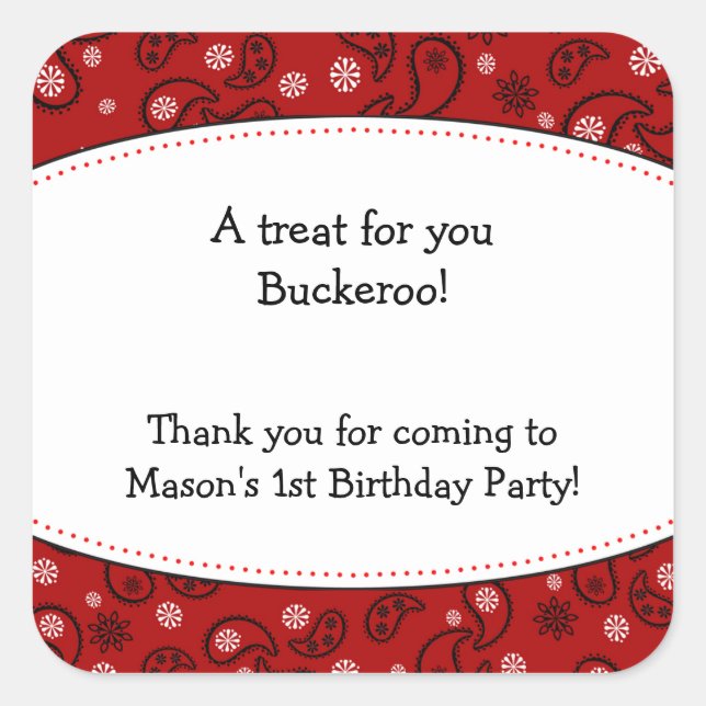 Adesivo Quadrado Red Paisley Favor Sticker Cowboy Western Label (Frente)