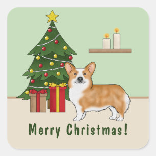 Adesivo Quadrado Red Pembroke Welsh Corgi Dog E Árvore De Natal