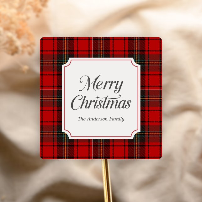 Adesivo Quadrado Red Plaid Merry Christmas (Red Plaid Modern Merry Christmas Holiday Sticker)