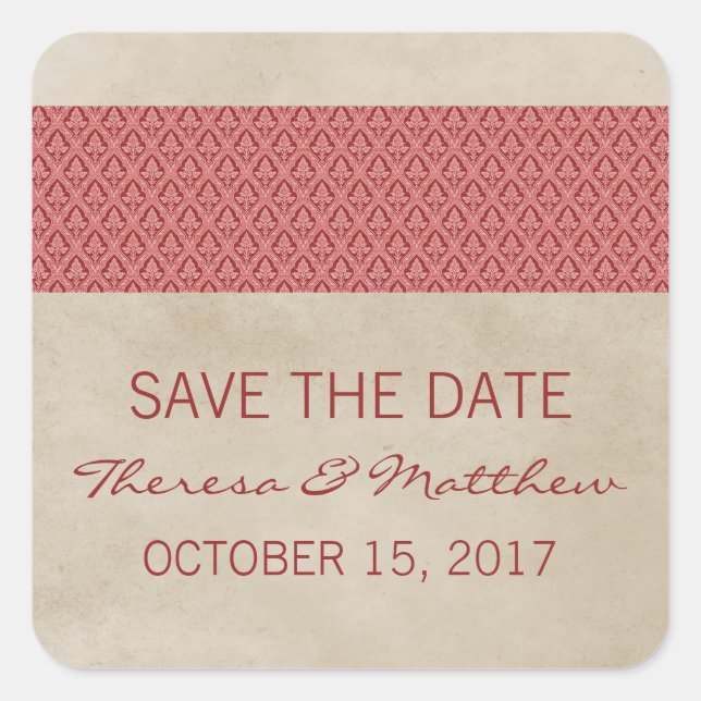 Adesivo Quadrado Red Rustic Damask Save the Date Stickers (Frente)